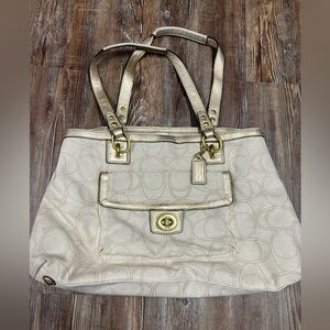 Coach Penelope tan and cream signature linen tote bag
